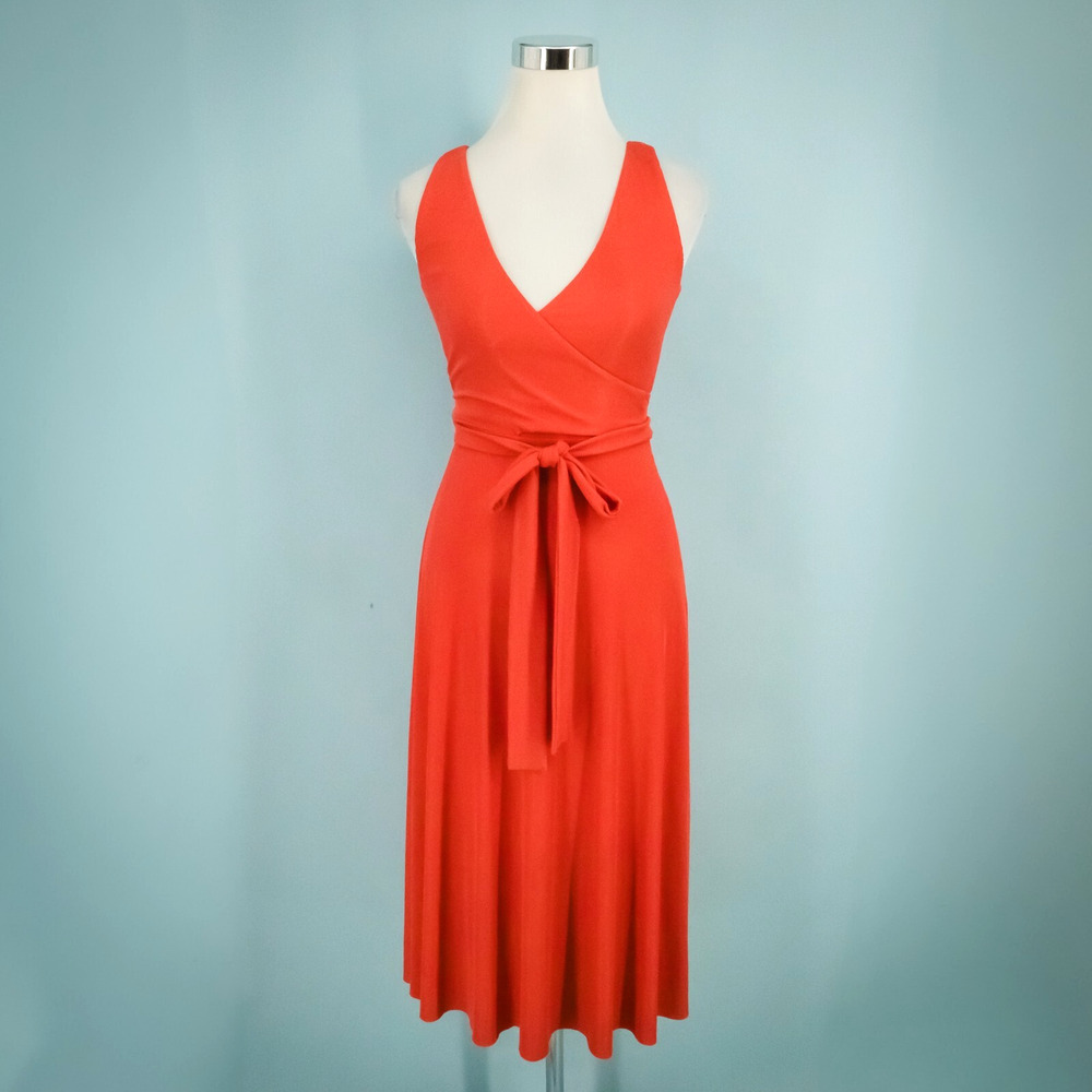 Club Monaco Size XS Red Orange Ribbed Knit V Neck Wrap Belted Sleeveless Dress